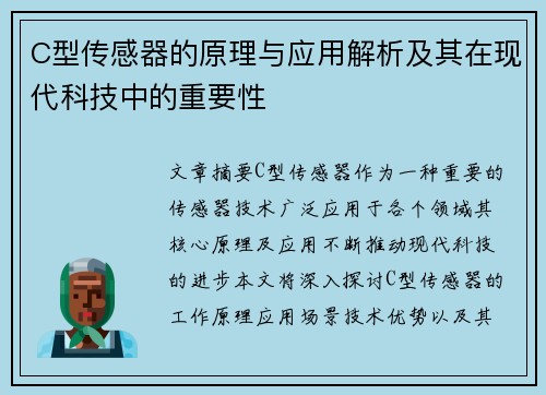 C型传感器的原理与应用解析及其在现代科技中的重要性